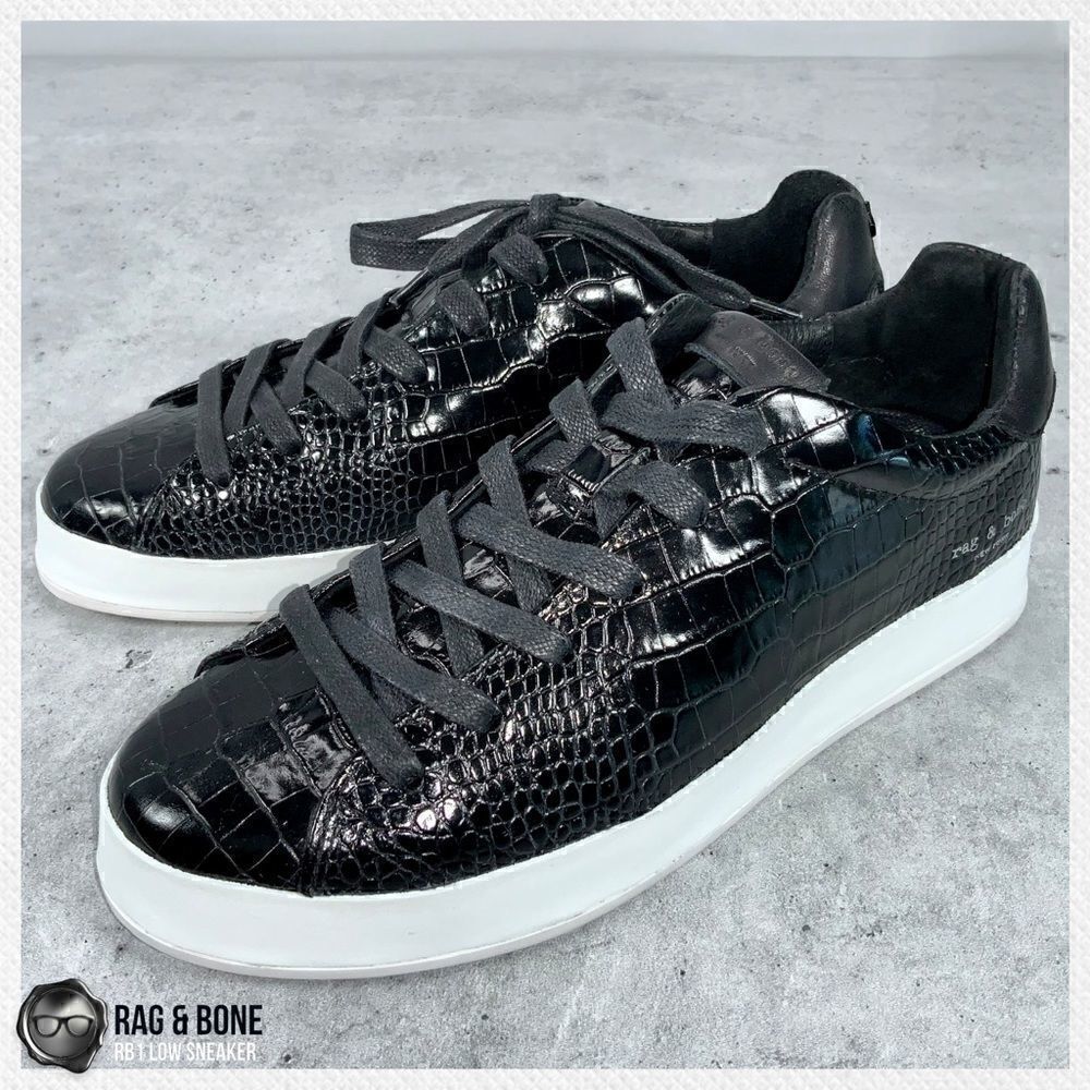 RAG AND BONE RB1 LOW PLATFORM SNEAKERS BLACK CROCODILE EMBOSSED LEATHER SIZE 7.5
